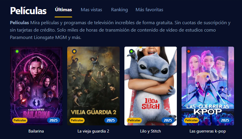 Captura de pantalla de la interfaz de usuario de StreamM4U mostrando peliculas y series en alta definicion y sin necesidad de registro